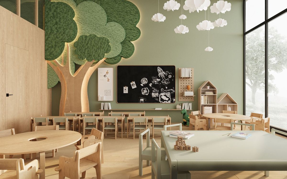 A child development room with wooden play furniture, a learning board and daylight